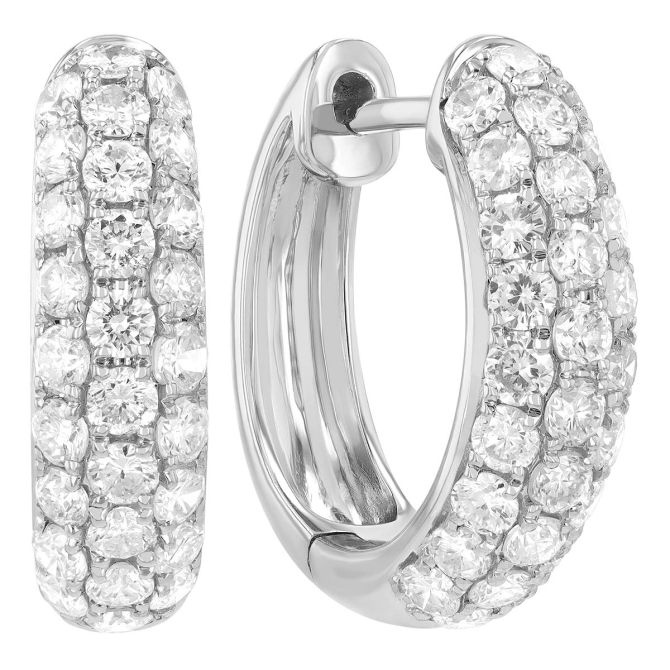 Diamond Pavé 3 Row Huggie Hoop Earrings in White Gold, 1.33 cttw