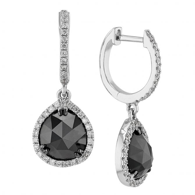 Black Rosecut Pear Shaped & White Diamond Halo Dangle Hoop Earrings in White Gold