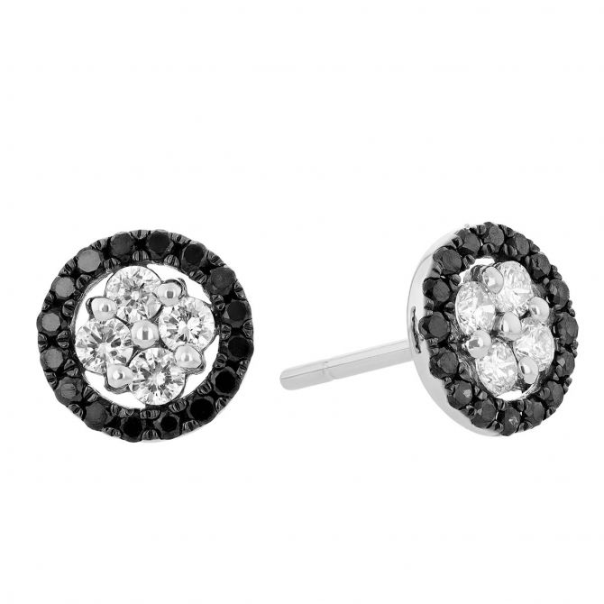 Black & White Diamond Cluster & Halo Stud Earrings in White Gold