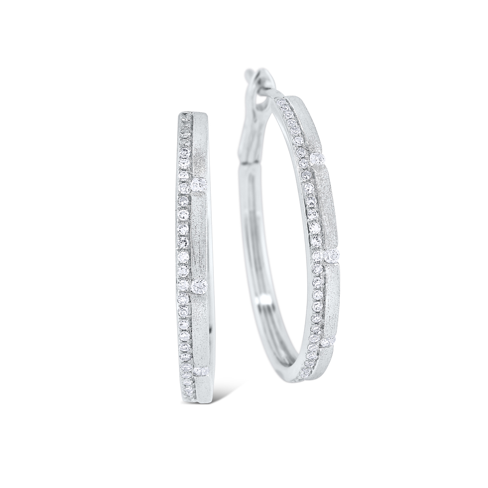 14K White Gold Diamond Medium Brushed Hoop Earrings, 0.34 cttw