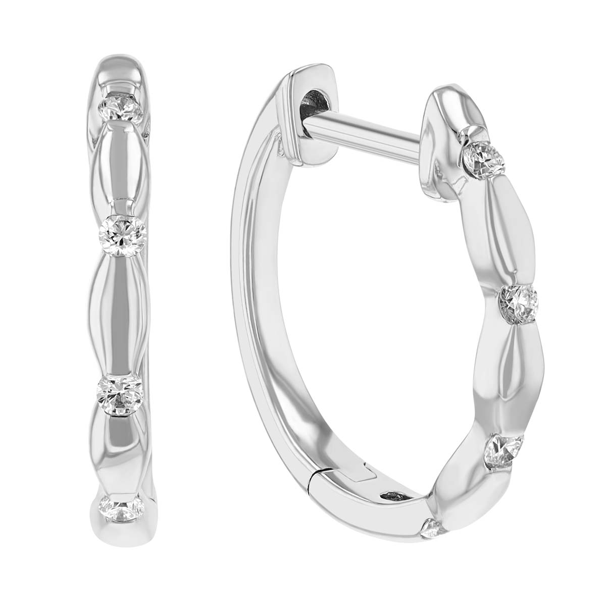 Diamond Station Petite Hinged Hoop Earrings in White Gold