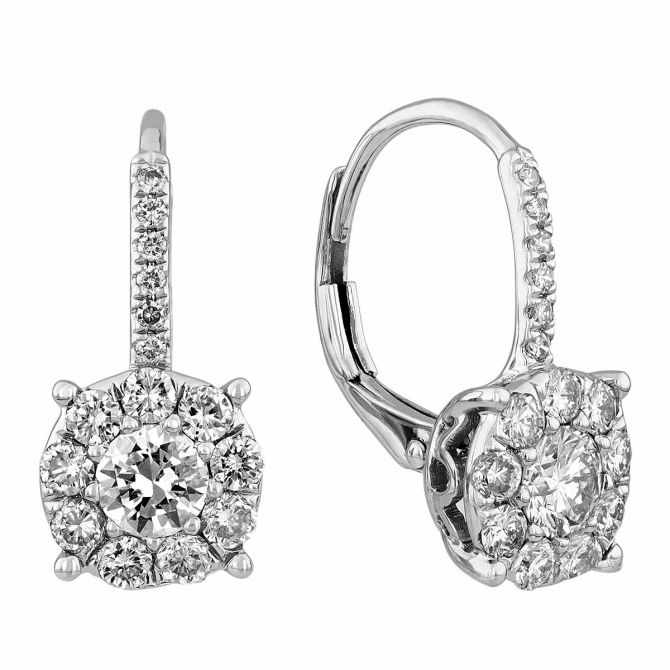Round Diamond & Diamond Halo Drop Earrings in White Gold