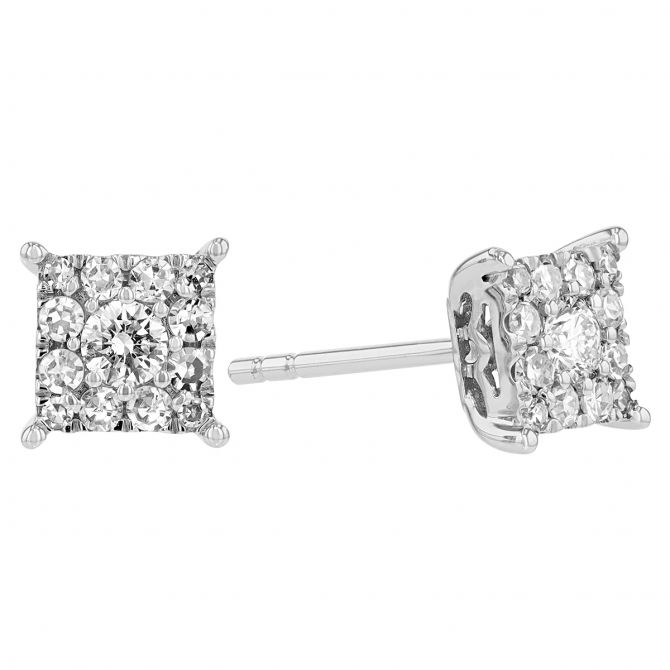Diamond Square Cluster Stud Earrings in White Gold