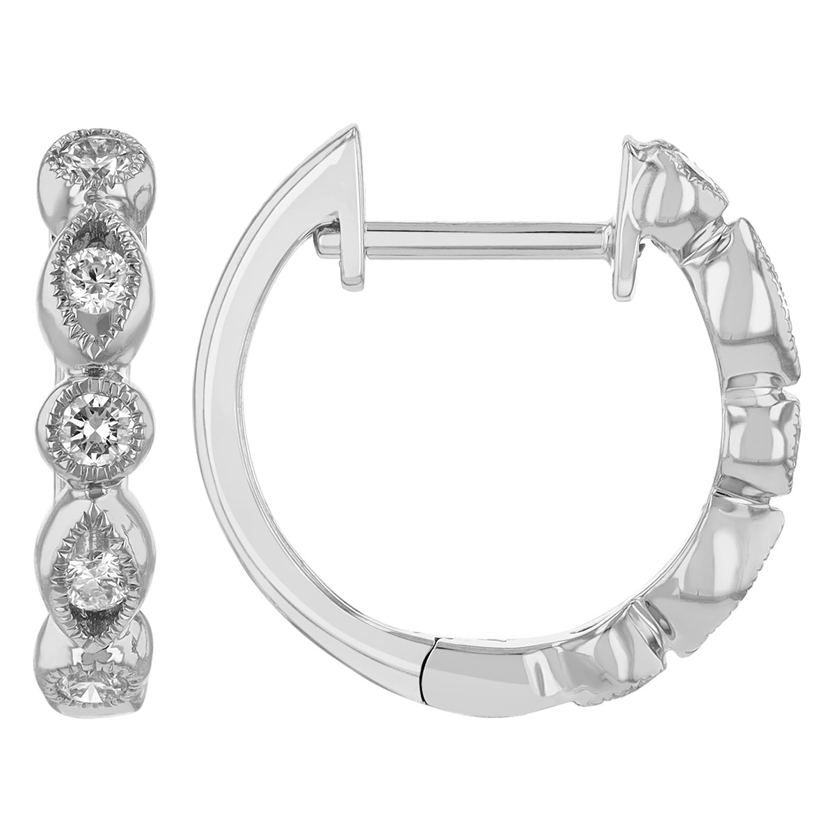 Diamond Marquise Shaped & Bezel Set Milgrain Hoop Earrings in White Gold