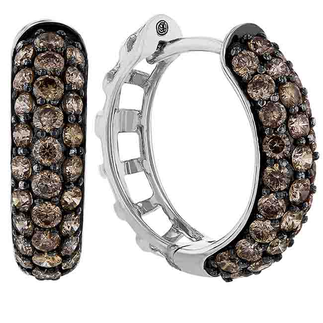Brown Diamond Pavé 3 Row Huggie Hoop Earrings in White Gold, 0.86 aptw