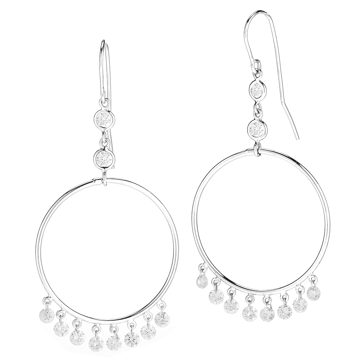 Aresa Dancing Diamond Fringe Circle Dangle Earrings in White Gold