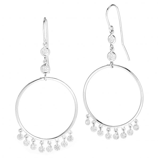 Aresa Dancing Diamond Fringe Circle Dangle Earrings in White Gold
