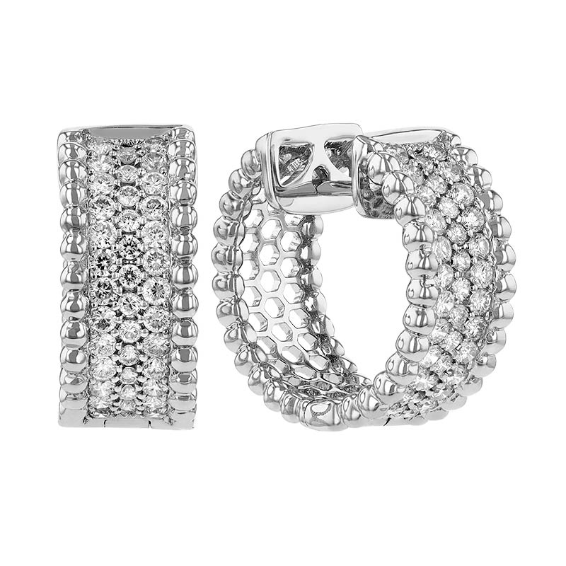 Diamond Pavé 3 Row Huggie Hoop Earrings with Beaded Edges in White Gold, 1.00 cttw