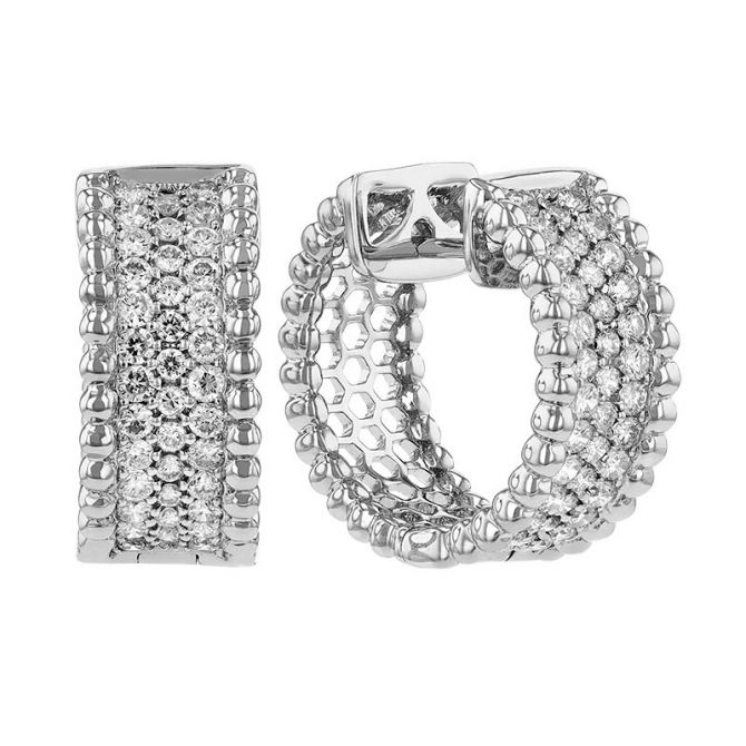 Diamond Pavé 3 Row Huggie Hoop Earrings with Beaded Edges in White Gold, 1.00 cttw