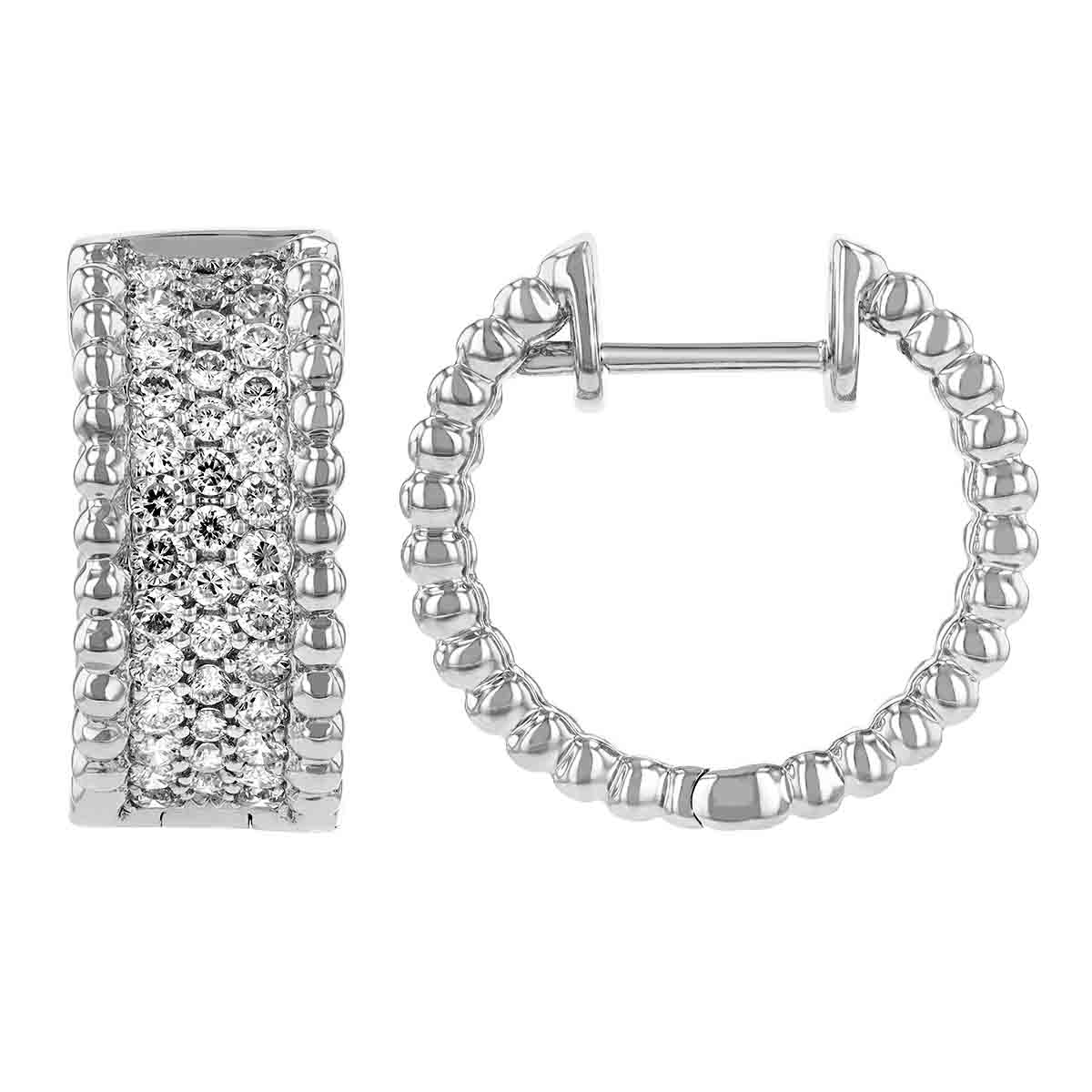 Diamond Pavé 3 Row Huggie Hoop Earrings with Beaded Edges in White Gold, 1.00 cttw