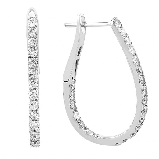 Diamond Inside Out Oval Latch Back Hoop Earrings in White Gold, 1.13 cttw