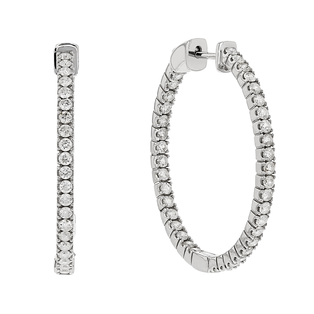 Diamond Inside Out Hinged Thin Hoop Earrings in White Gold, 1.45 cttw