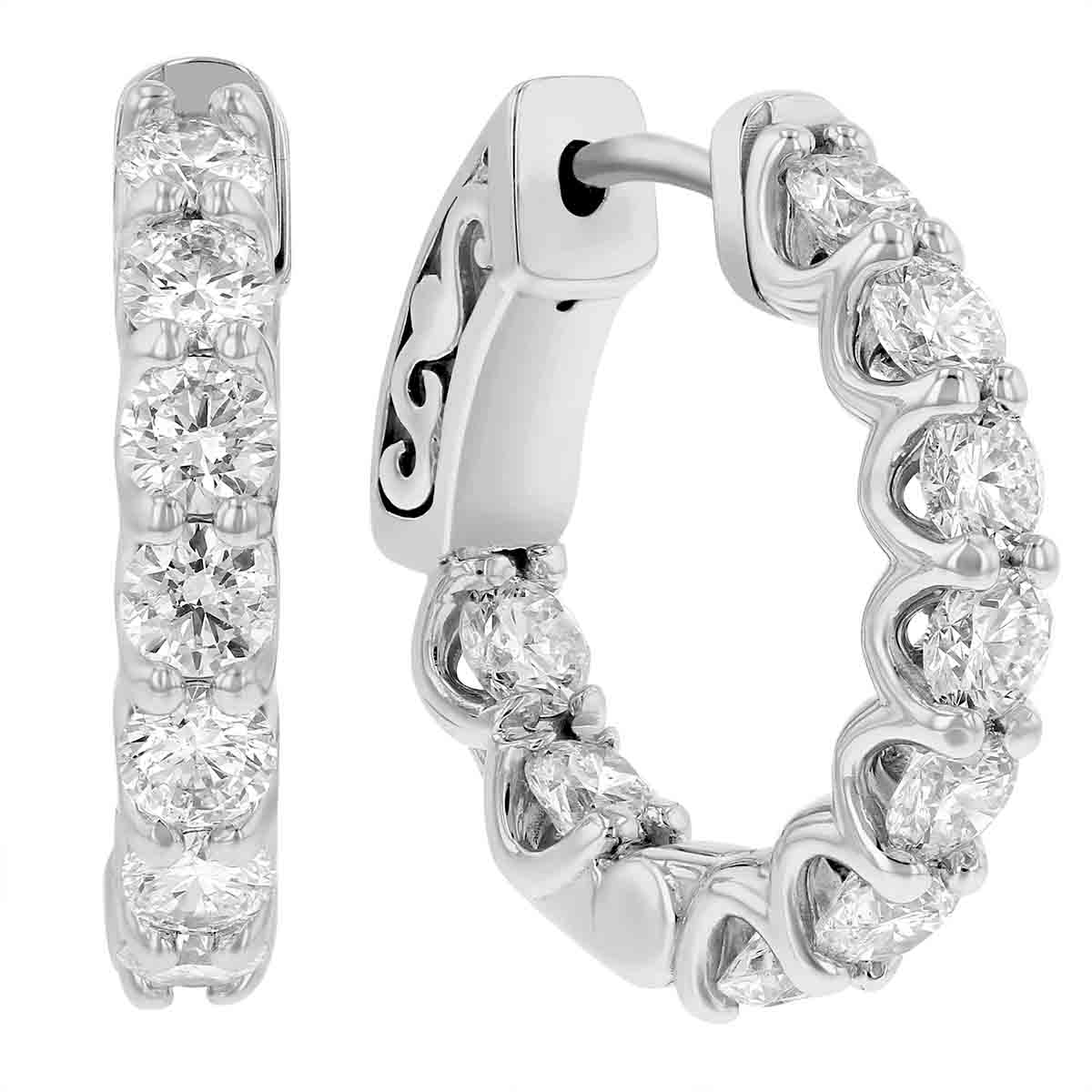 14K White Gold Diamond Inside Out Huggie Hoop Earrings, 1.75 aptw ...