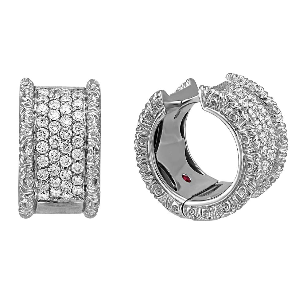 Diamond Pavé Florentine Huggie Hoop Earrings in White Gold, 0.87 cttw