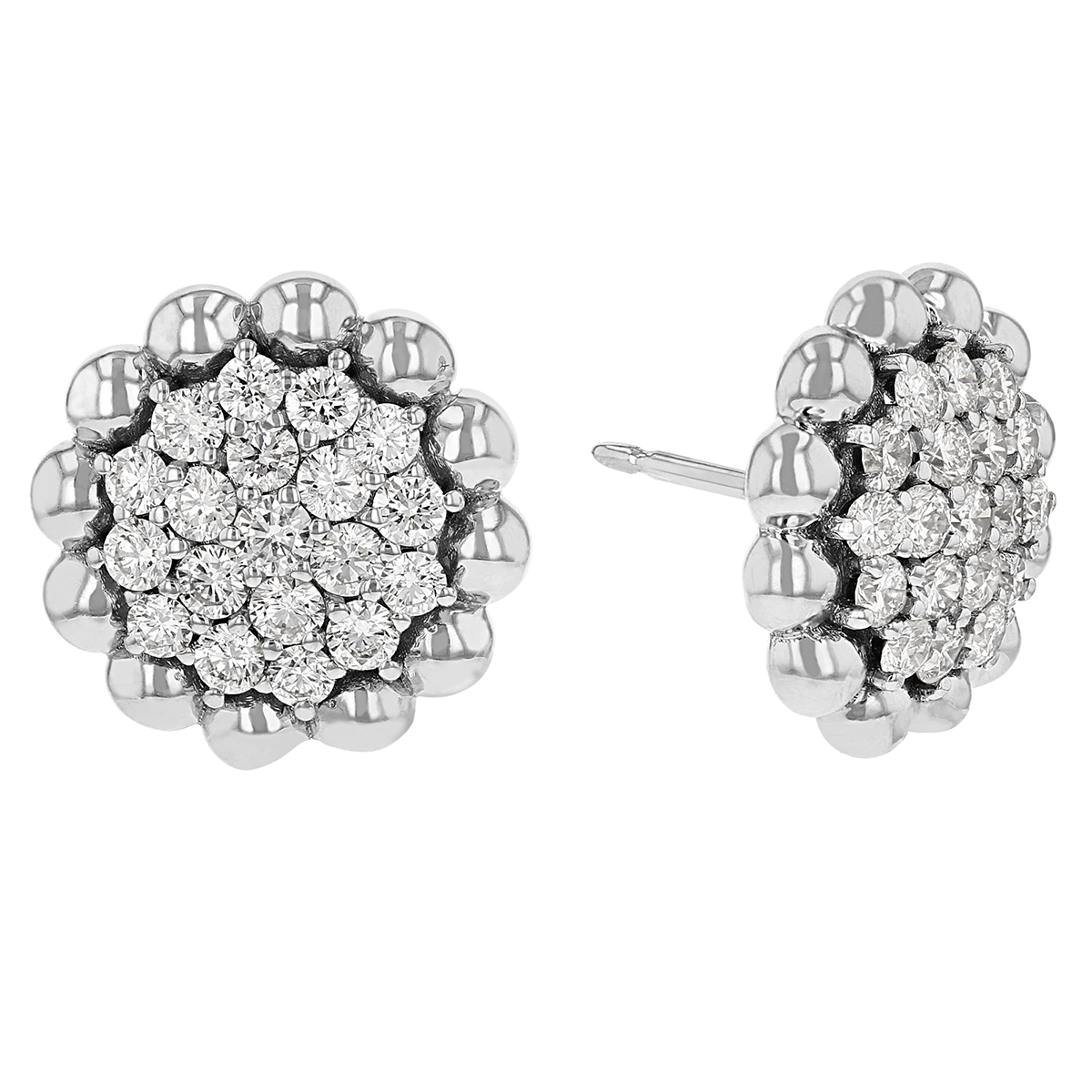 Diamond Cluster Button Stud Earrings with Beaded Edge in White Gold