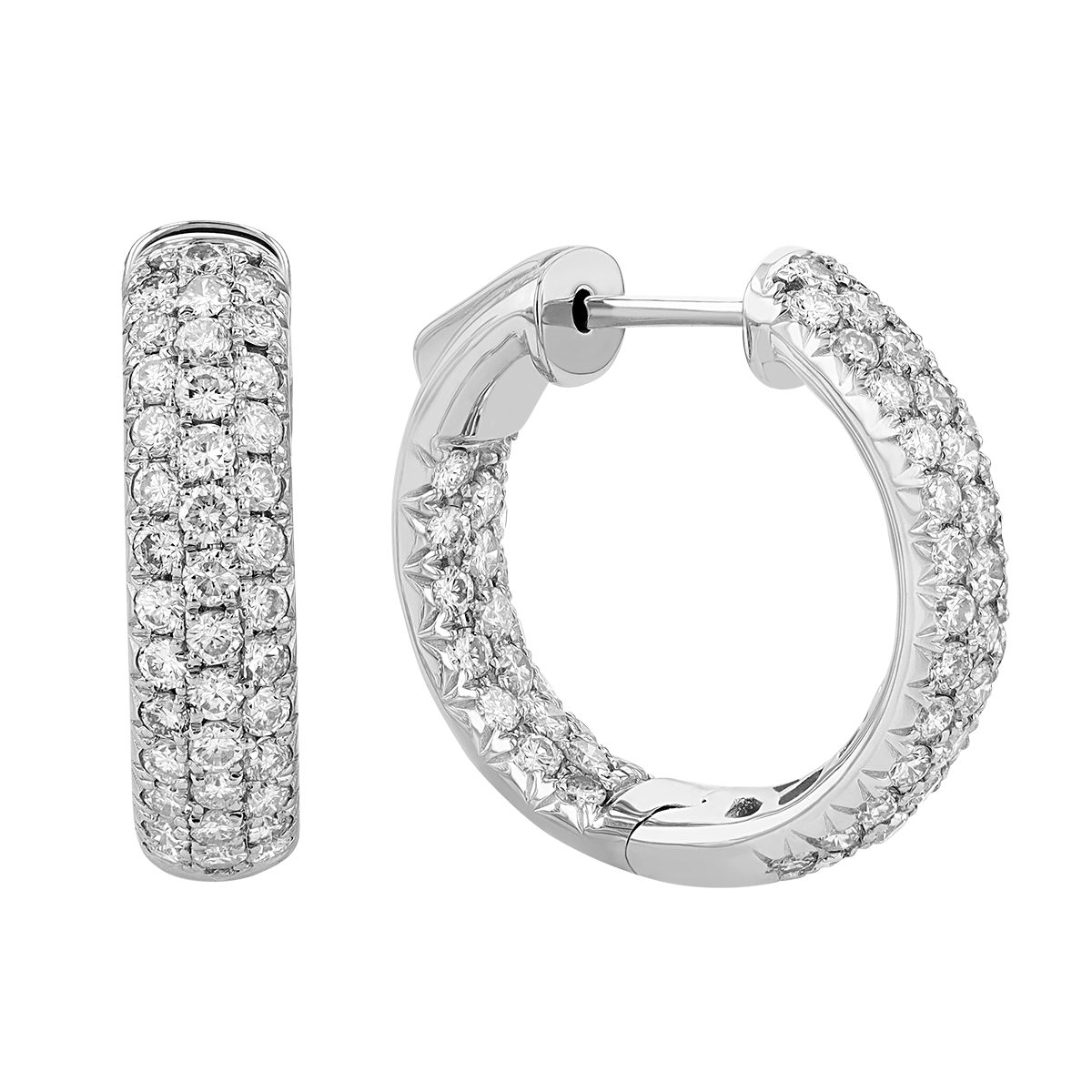 Diamond Pavé 3 Row Inside Out Push-Lock Hoop Earrings in White Gold, 2 ...