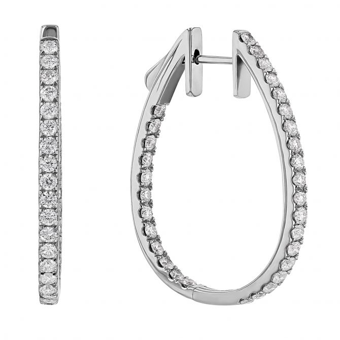 Diamond Inside Out Push-Lock Oval Hoop Earrings in White Gold, 1.60 cttw