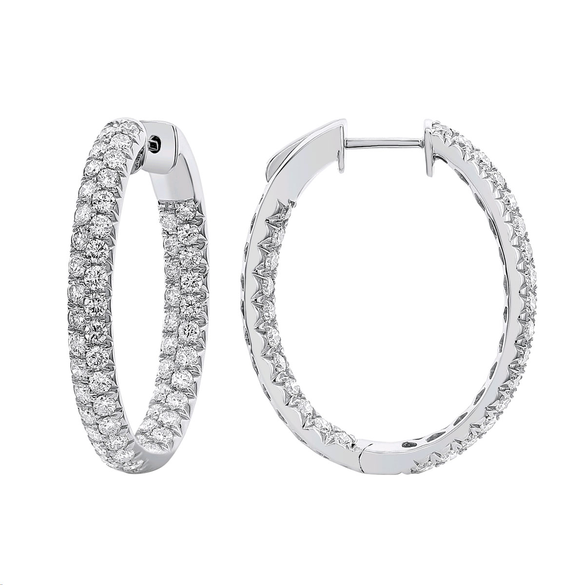 Diamond Pavé 3 Row Inside Out PushLock Hoop Earrings in White Gold, 3