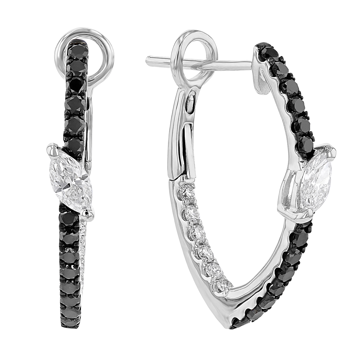 Frederic Sage Black & White Diamond Marquise Shaped Hoop Earrings in White Gold