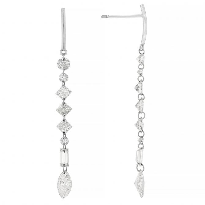 Aresa Multi Shape Diamond Long Drop Earrings in White Gold