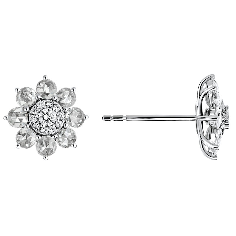 Diamond Cluster Flower Stud Earrings in White Gold