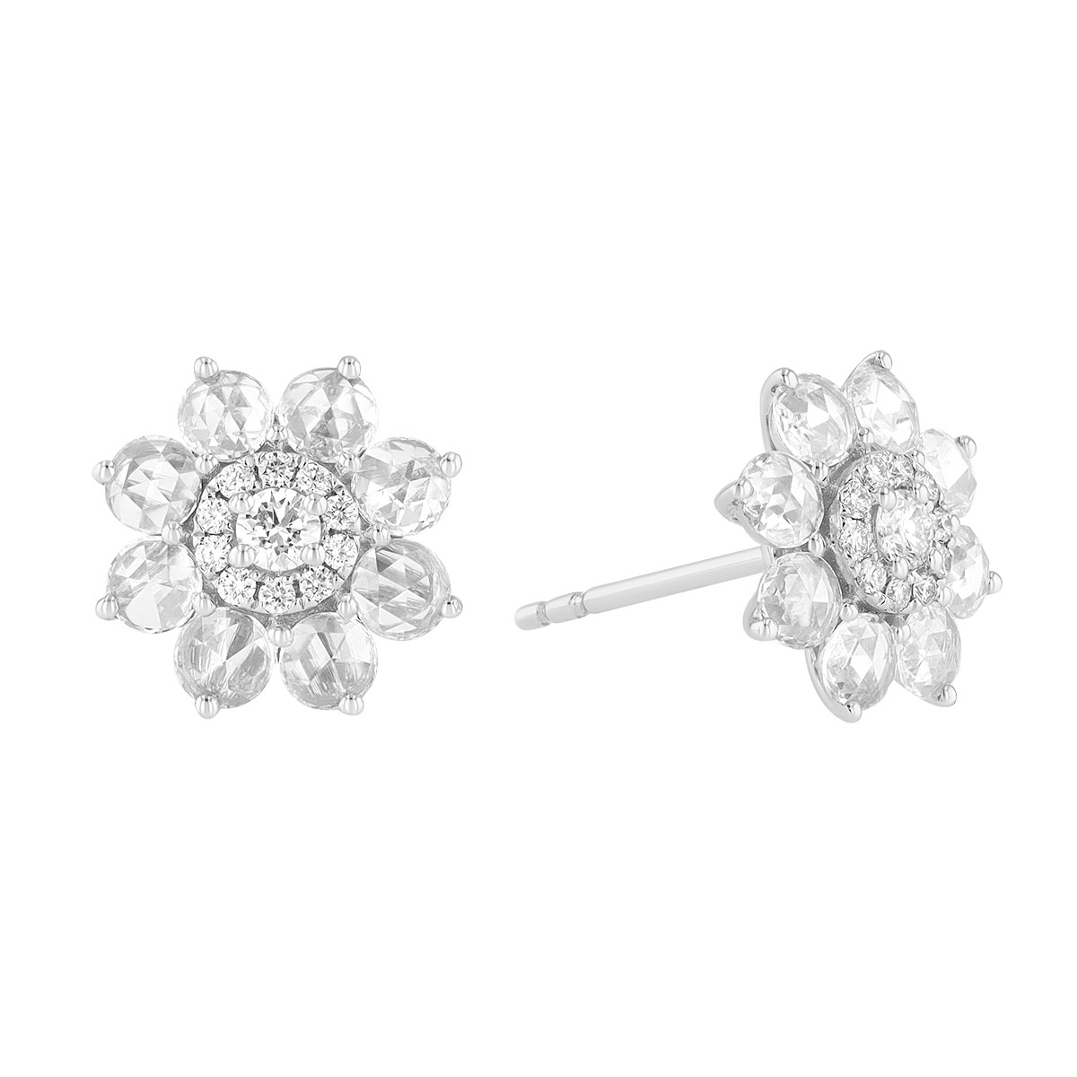 Diamond Cluster Flower Stud Earrings in White Gold