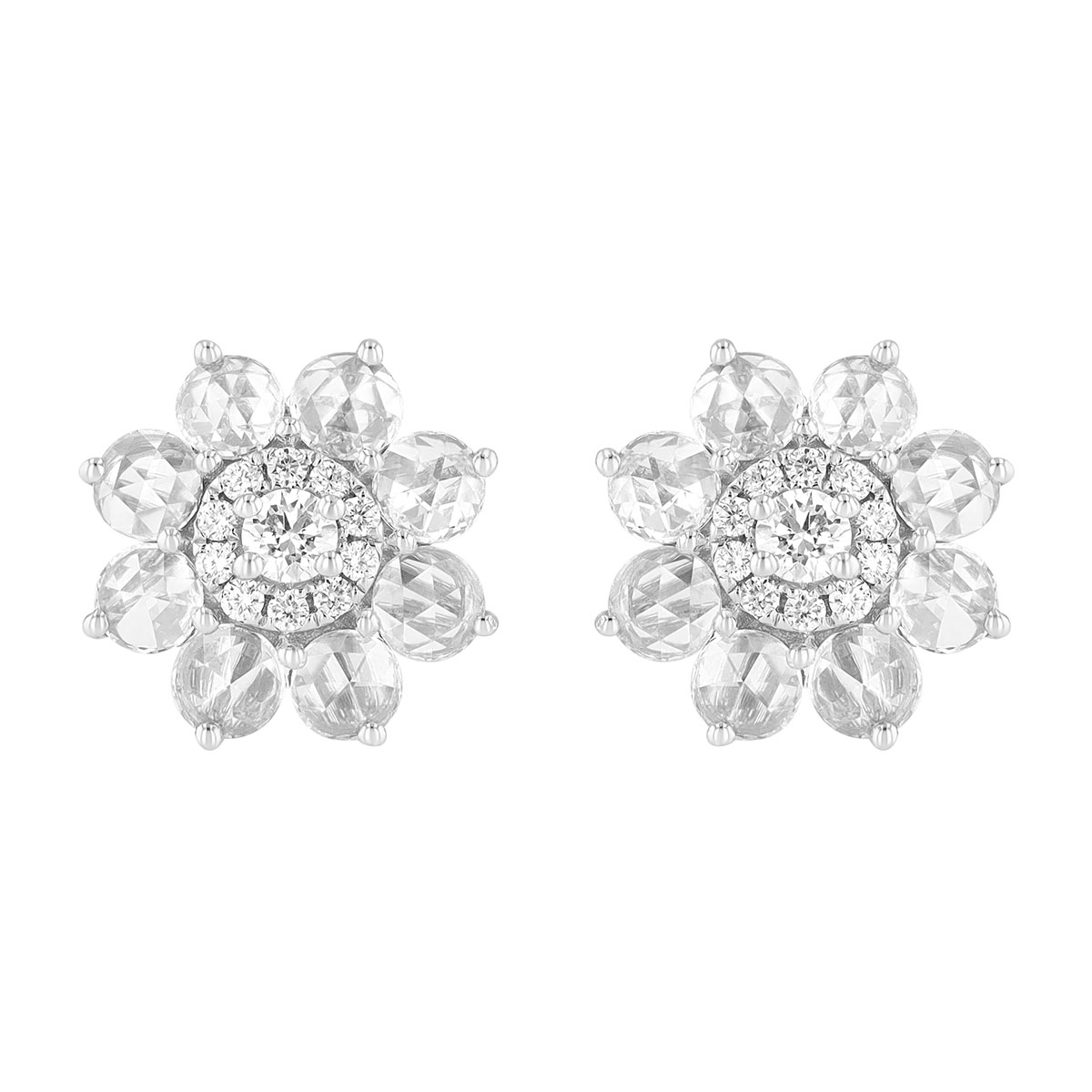 Diamond Cluster Flower Stud Earrings in White Gold