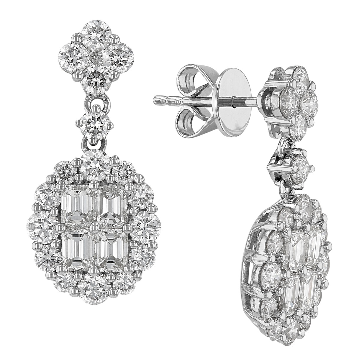Emerald Cut Diamond Cluster & Halo Drop Earrings in White Gold