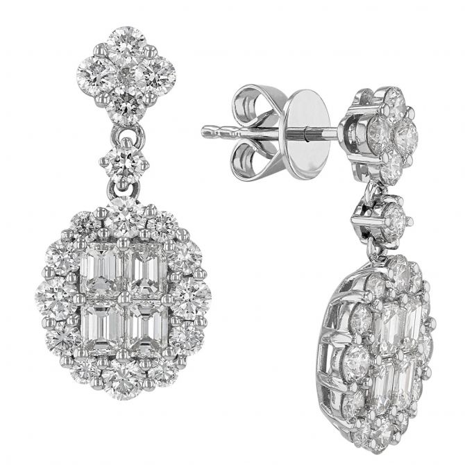 Emerald Cut Diamond Cluster & Halo Drop Earrings in White Gold