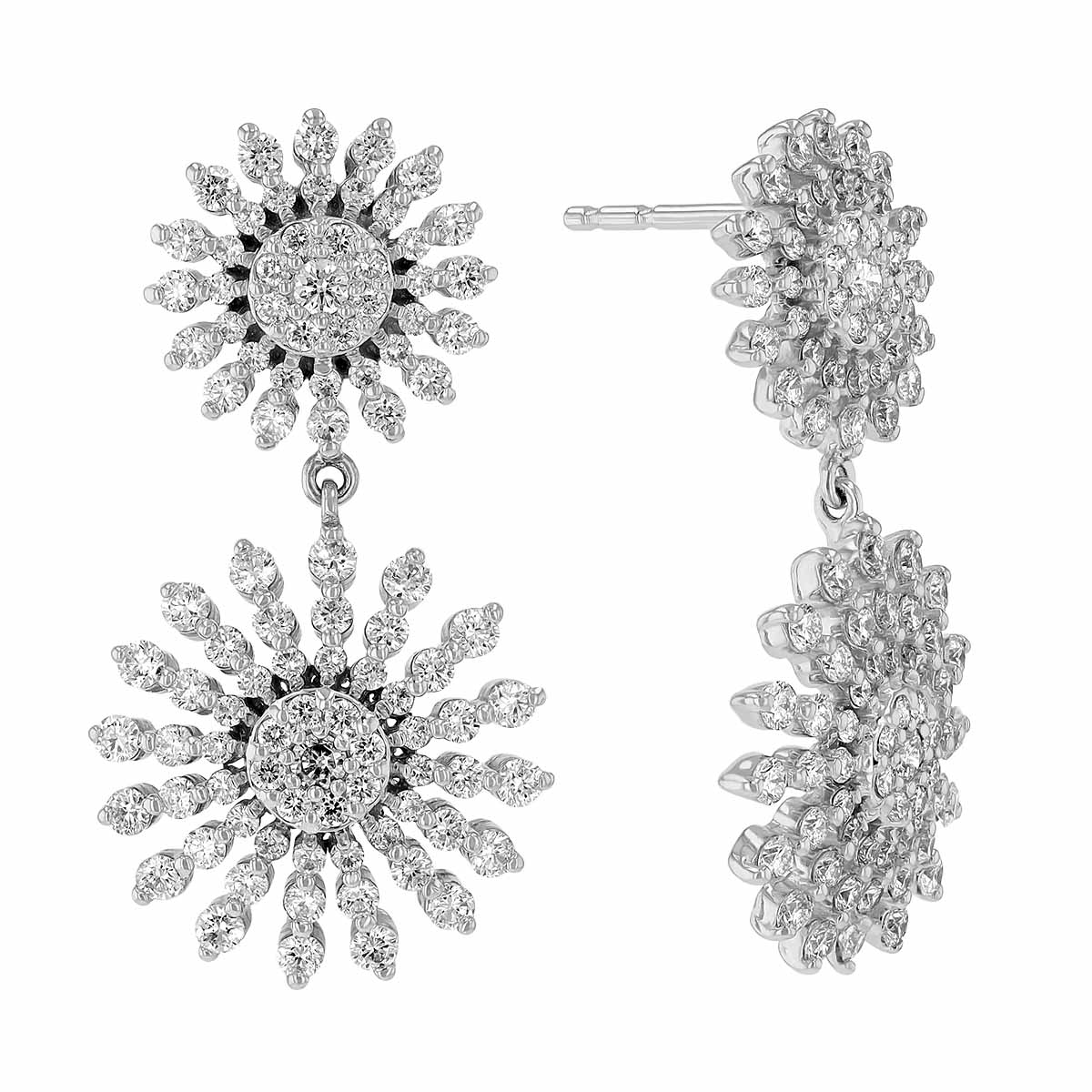 Roberto Coin Diamond Double Sunburst Dangle Post Back Earrings in White Gold