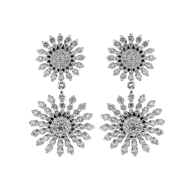 Roberto Coin Diamond Double Sunburst Dangle Post Back Earrings in White Gold