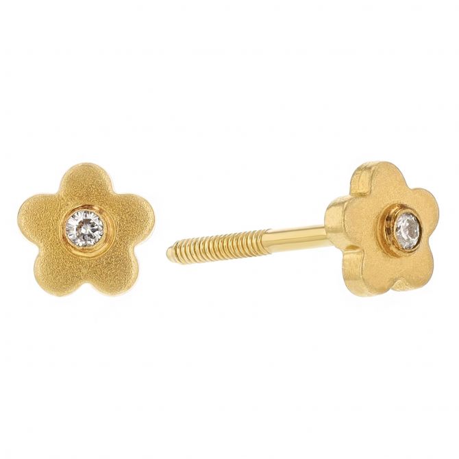 Bezel Set Diamond Center Flower Children's Stud Earrings in Yellow Gold