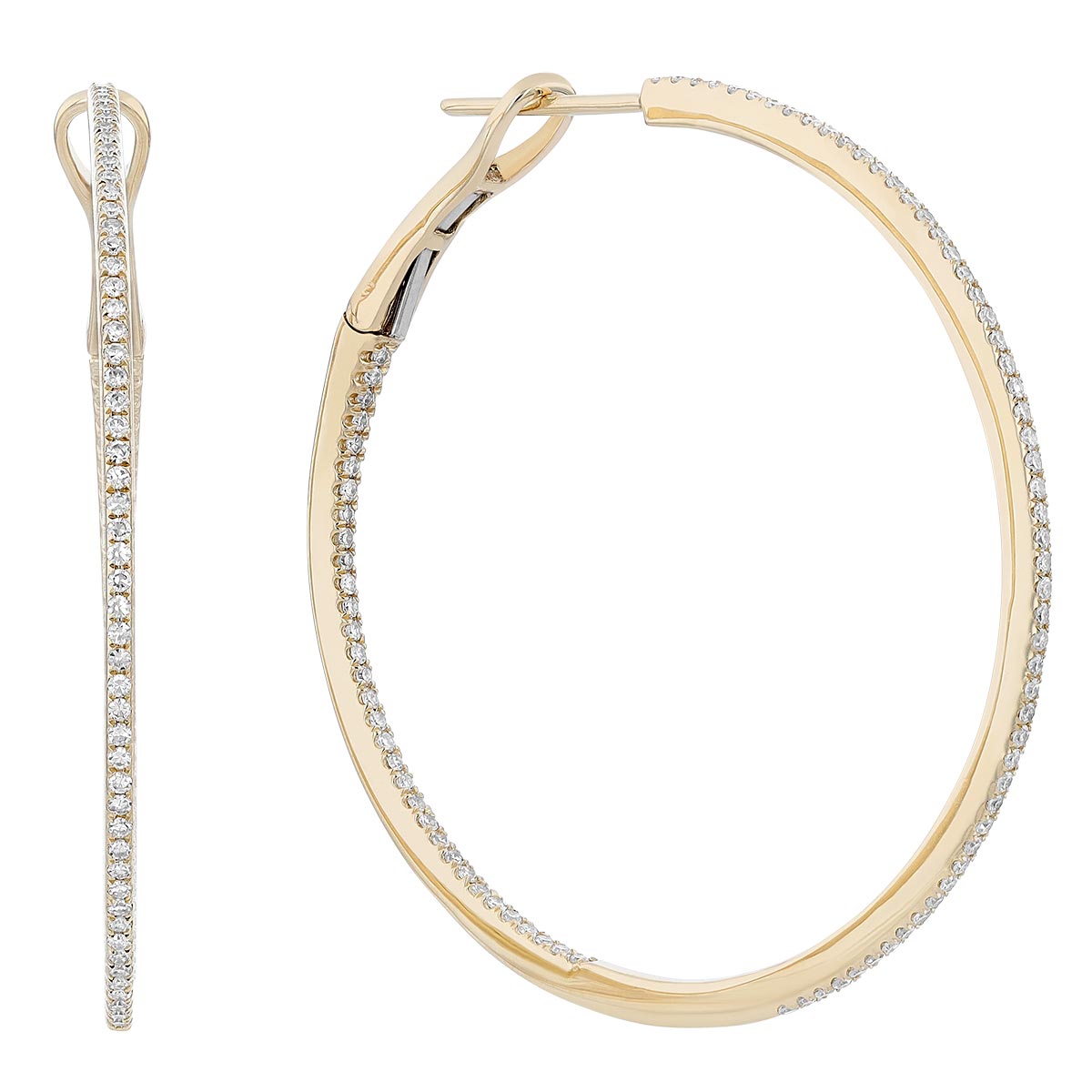 Diamond Inside Out Tapered Hoop Earrings in Yellow Gold, 38 mm, 0.52 aptw