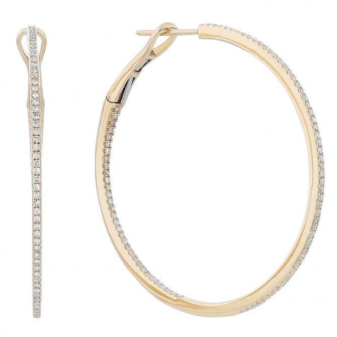 Diamond Inside Out Tapered Hoop Earrings in Yellow Gold, 38 mm, 0.52 aptw