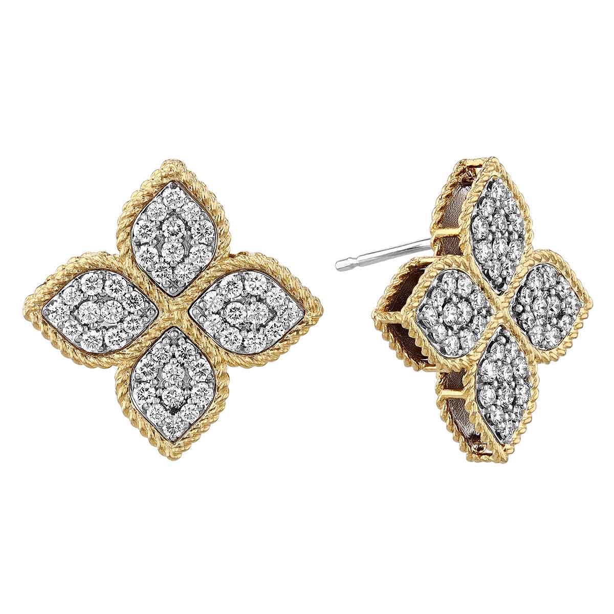 Roberto Coin Princess Flower Diamond Post Earrings in Yellow Gold, Large