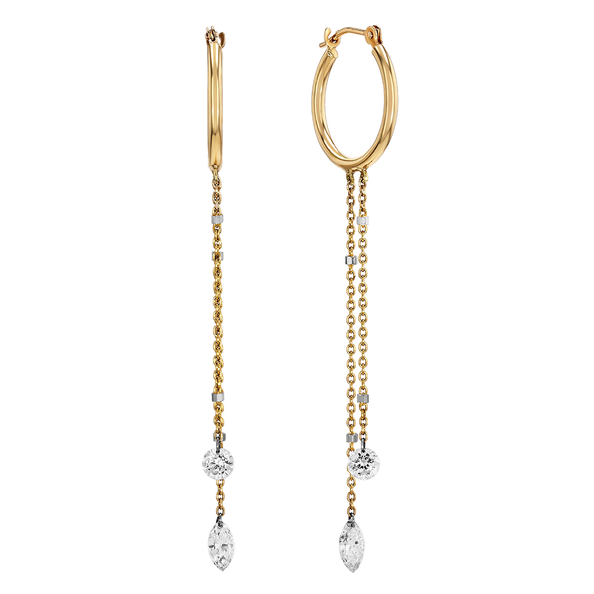 Aresa Diamond Double Chain Huggie Drop Earrings in Yellow Gold