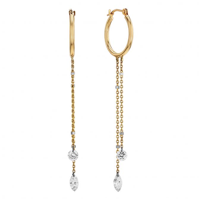Aresa Diamond Double Chain Huggie Drop Earrings in Yellow Gold