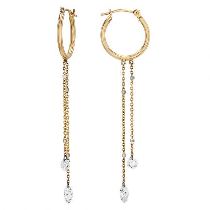 Aresa Diamond Double Chain Huggie Drop Earrings in Yellow Gold