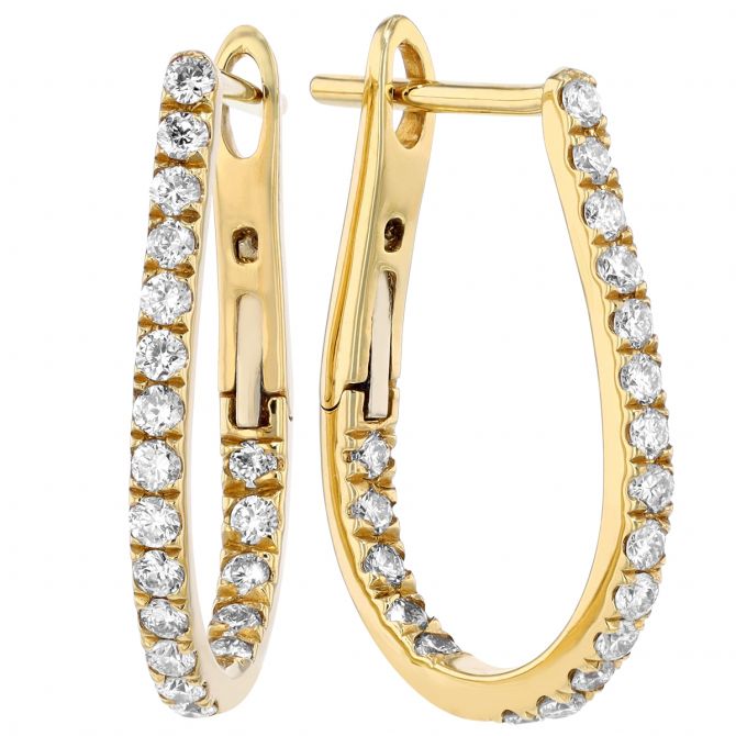 Diamond Inside Out Oval Latch Back Hoop Earrings in Yellow Gold, .50 cttw