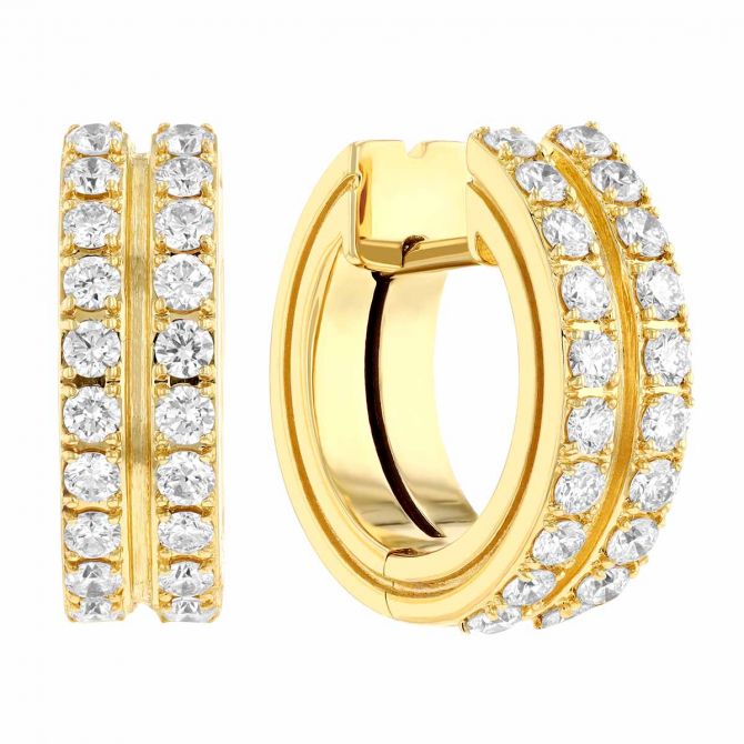 Roberto Coin Portofino Diamond 2 Row Huggie Hoop Earrings in Yellow Gold, 0.82 cttw
