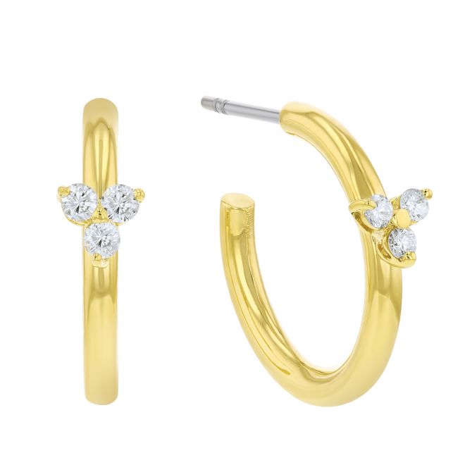 Yellow Gold Open Hoop Post Earrings with Diamond Clusters