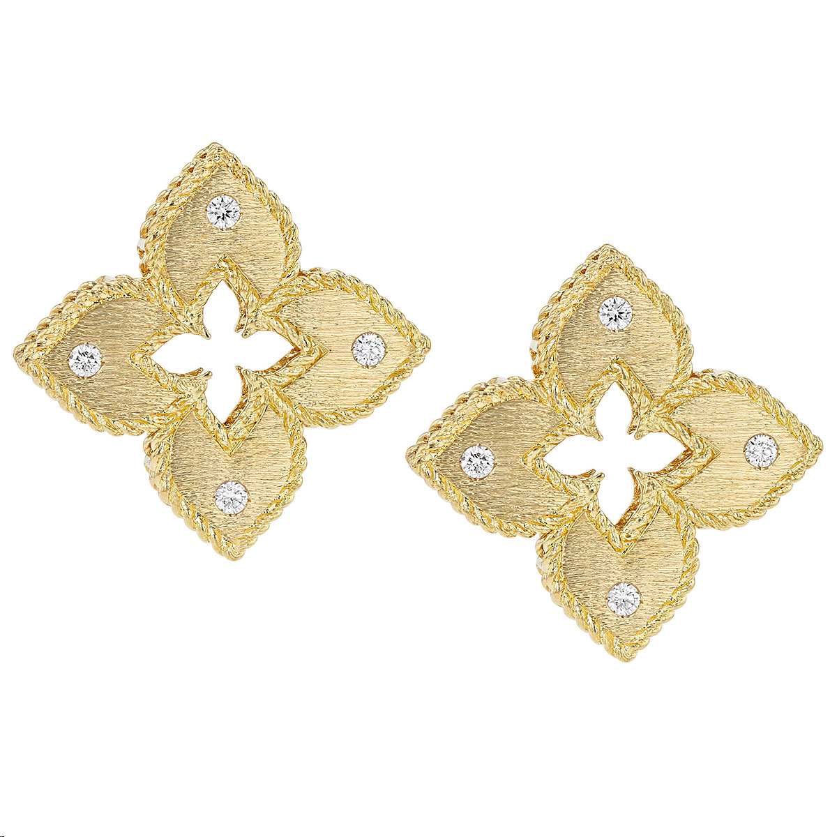 Roberto Coin Princess Flower Diamond Post Earrings in Satin Yellow Gold