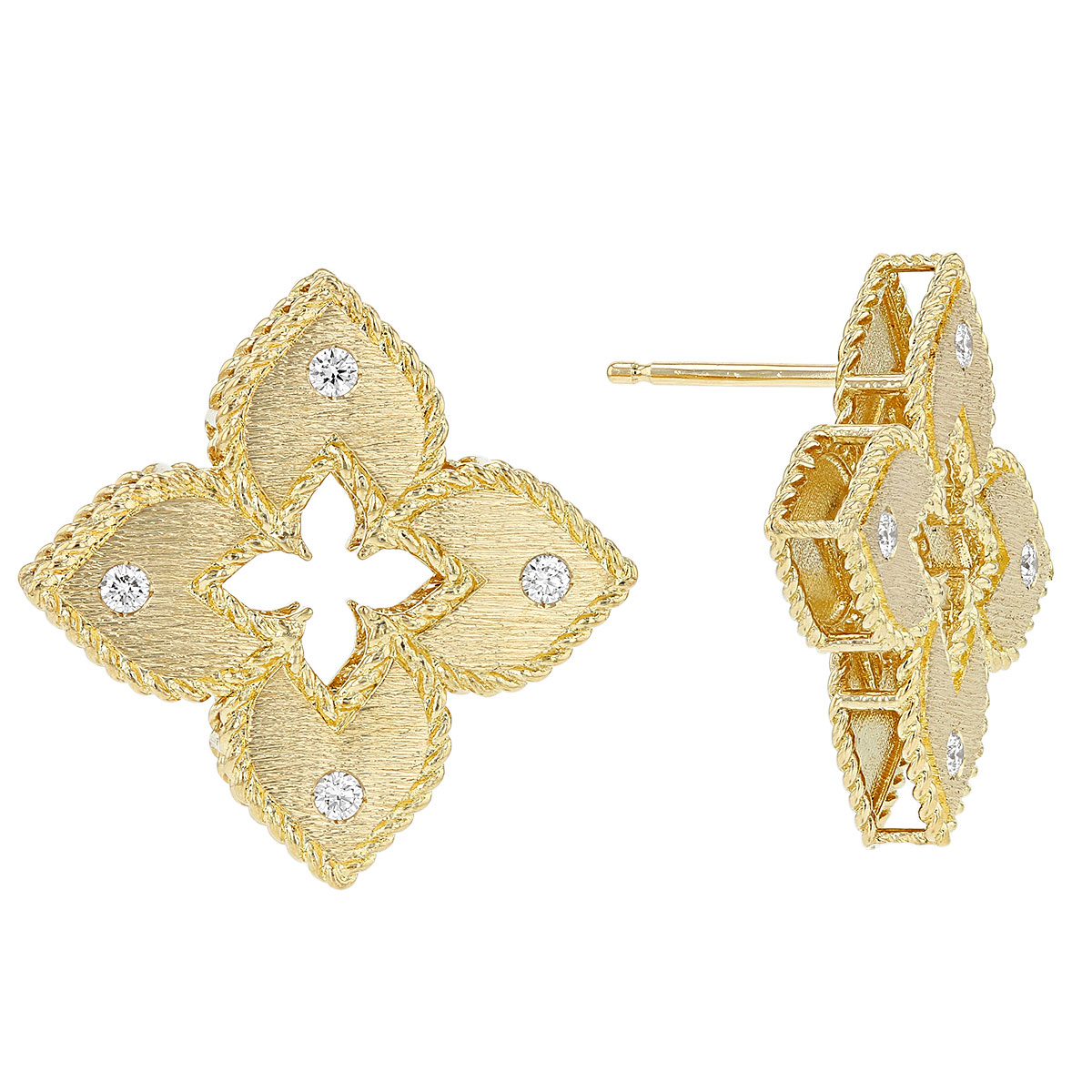 Roberto Coin Princess Flower Diamond Post Earrings in Satin Yellow Gold