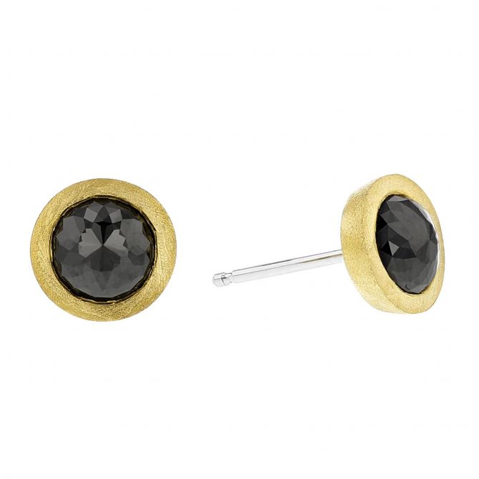 Black Rosecut Round Diamond Bezel Set Stud Earrings in Matte Yellow Gold