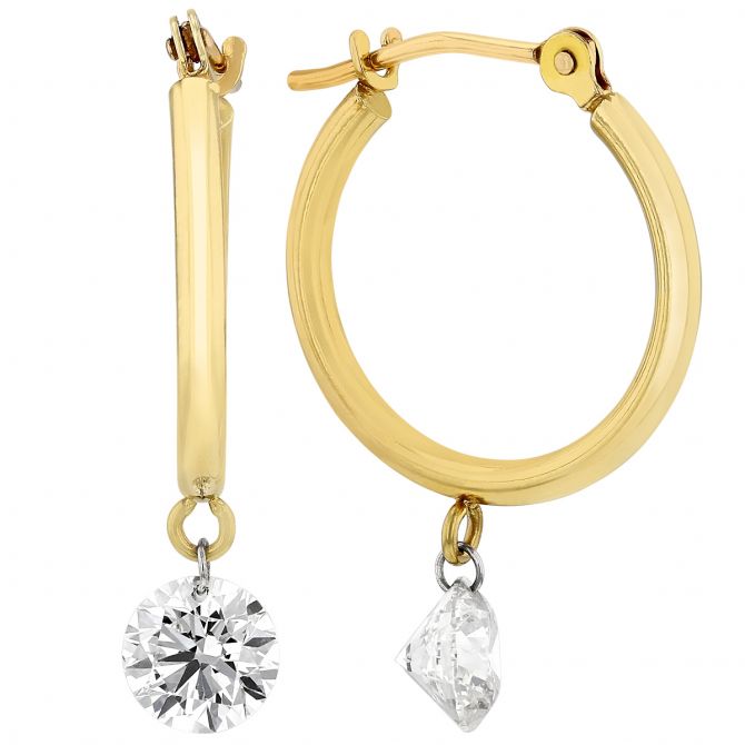 Aresa Lempicka Yellow Gold Hoop Earrings with Dancing Diamond Drops, .97 cttw