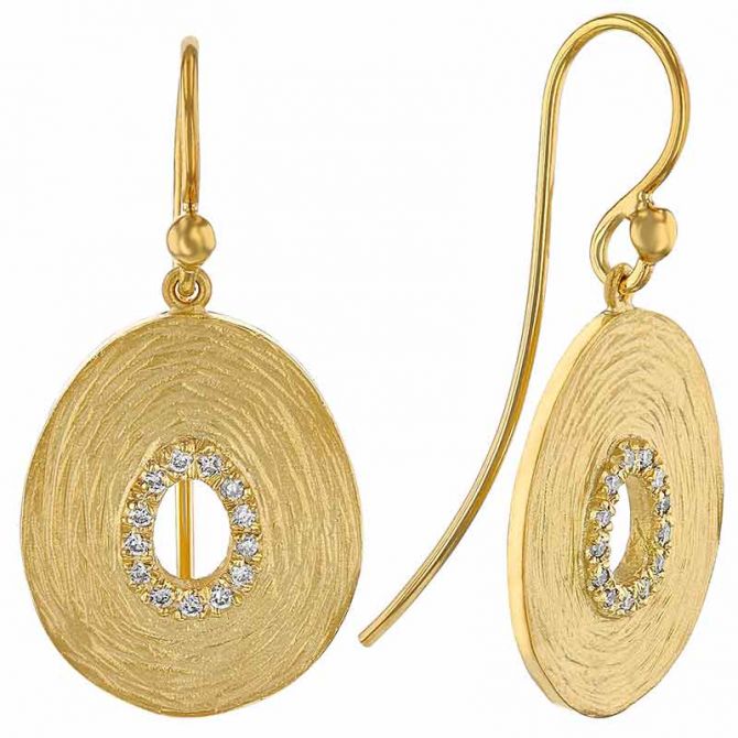 Marika Textured Yellow Gold Open Oval Dangle Earrings with Diamond Centers