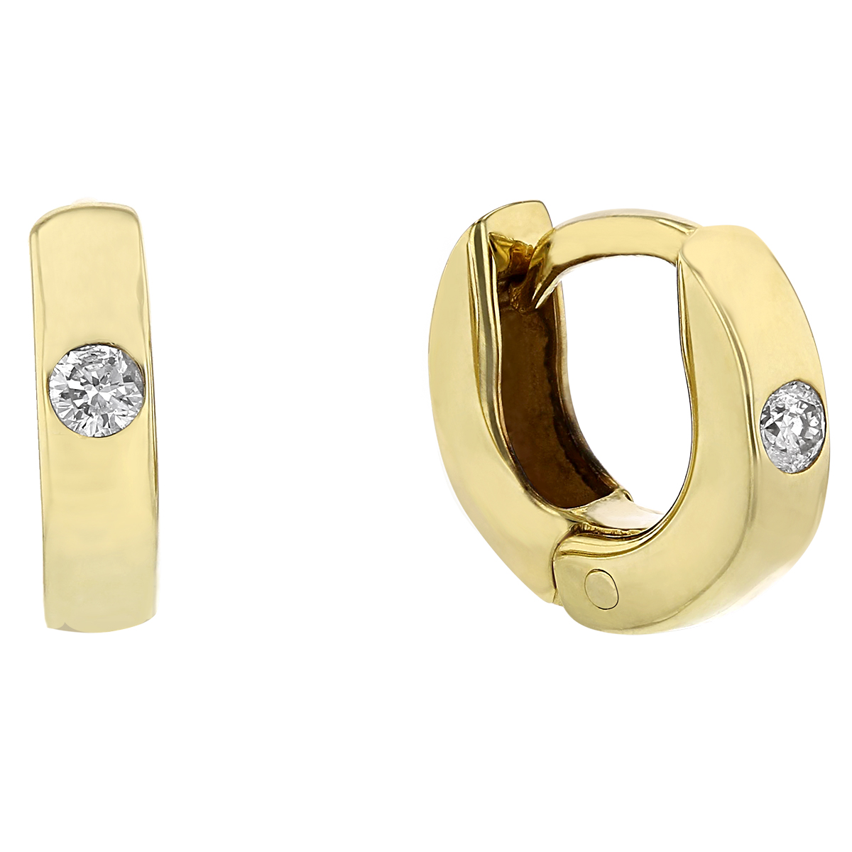 Yellow Gold Huggie Hoop Earrings with Flush Set Diamonds, 10 mm