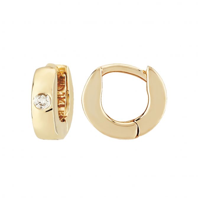 Yellow Gold Huggie Hoop Earrings with Flush Set Diamonds, 10 mm