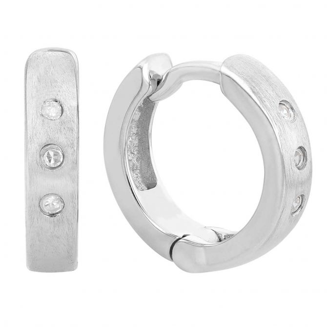 Sterling Silver Matte Finish Huggie Hoop Earrings with Flush Set Diamonds