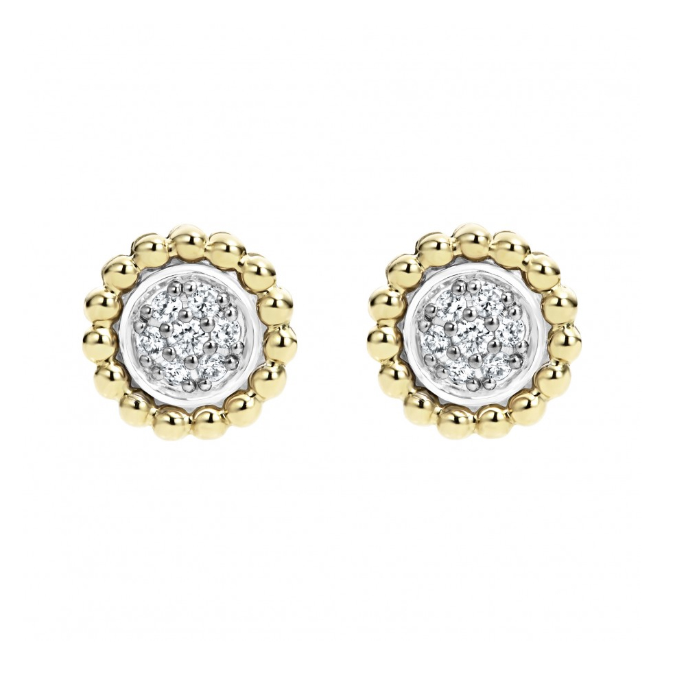 LAGOS Sterling Silver & 18K Yellow Gold Round Diamond & Caviar Flower Stud Earrings